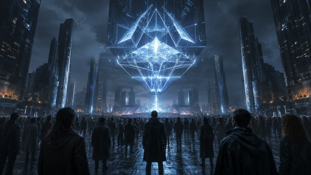 Crowd in a futuristic public square watching a vast blue crystalline algorithmic decision engine overhead.