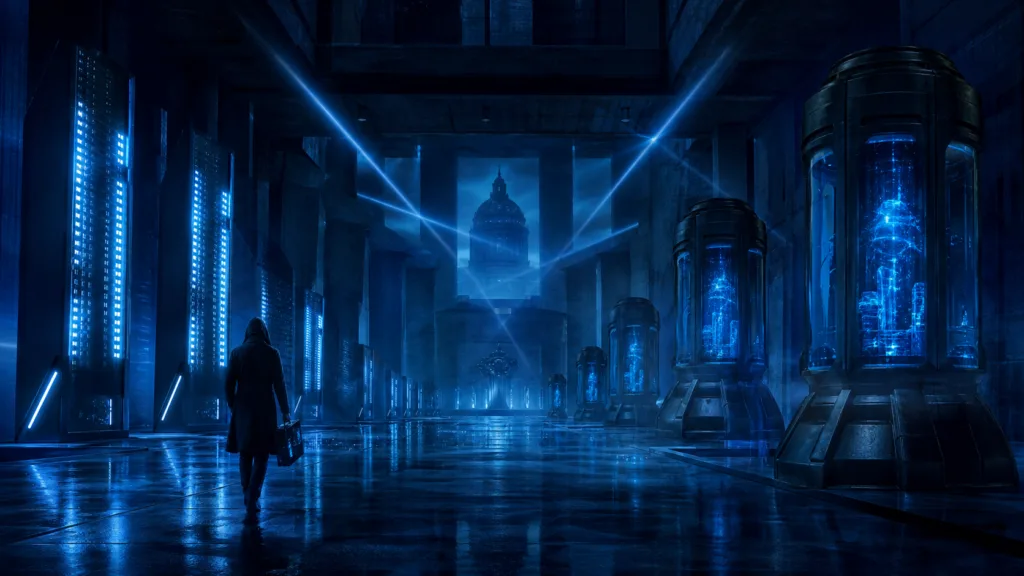 Lone archivist in a blue-lit underground data vault with monumental server obelisks.
