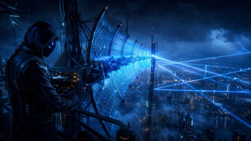 Masked signal operator on a high broadcast tower with blue antenna beams over a stormy futuristic city.