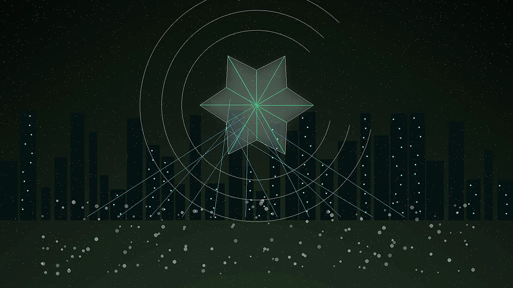 Public square beneath a neon green algorithmic voting engine suspended over a future city crowd.