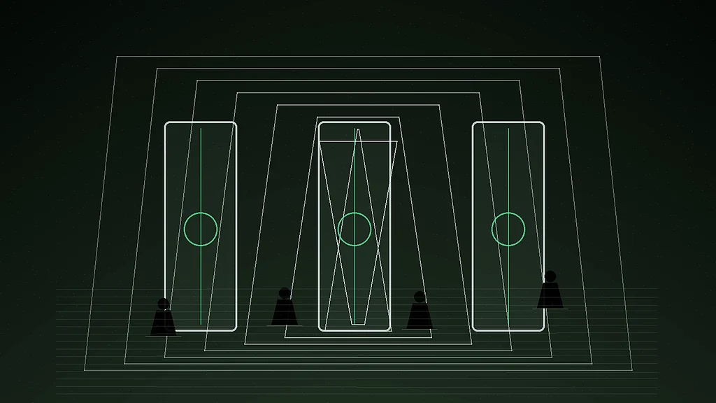 Neon green microstate border corridor with biometric gates, travelers, drones, and wet reflective pavement.