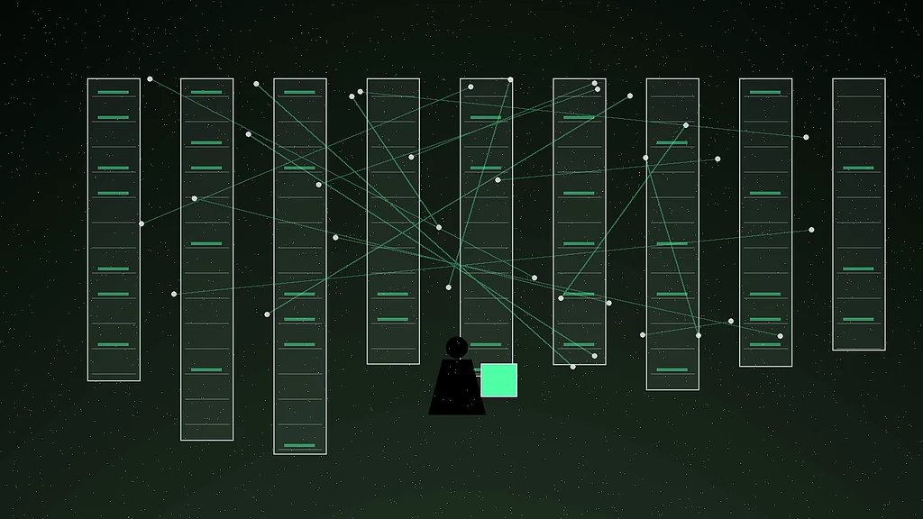Emerald-lit underground civic memory vault with archivist, data monoliths, and resilient record systems.
