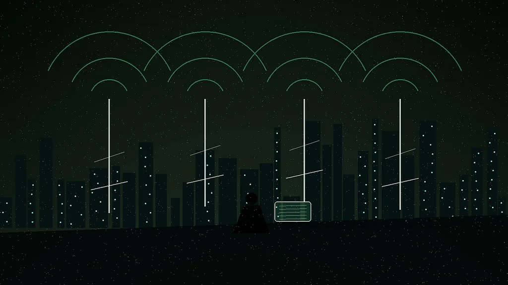 Rooftop clandestine uplink array broadcasting emerald signal beams across a stormy future skyline.