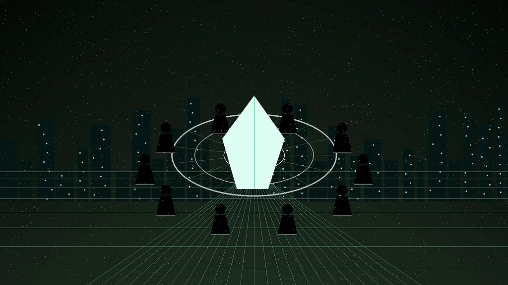 Neon green cyber-futuristic jurisdiction chamber with delegates and holographic civic signal maps.