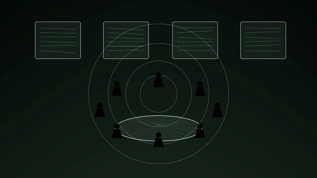 Hidden resistance relay room glowing green with analysts, signal monitors, and encrypted civic maps.