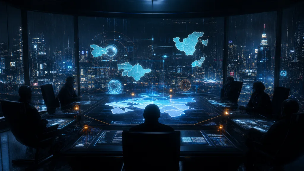 Cyber-futuristic command chamber with silhouetted delegates and blue holographic jurisdiction maps above a city.