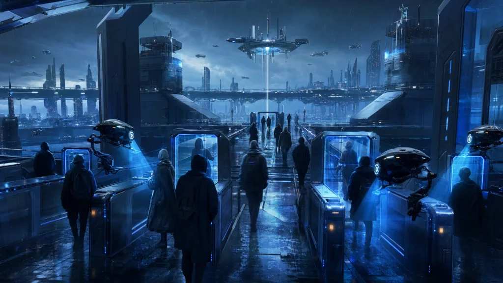 Futuristic border terminal with blue biometric gates, faceless travelers, drones, and a distant city skyline.