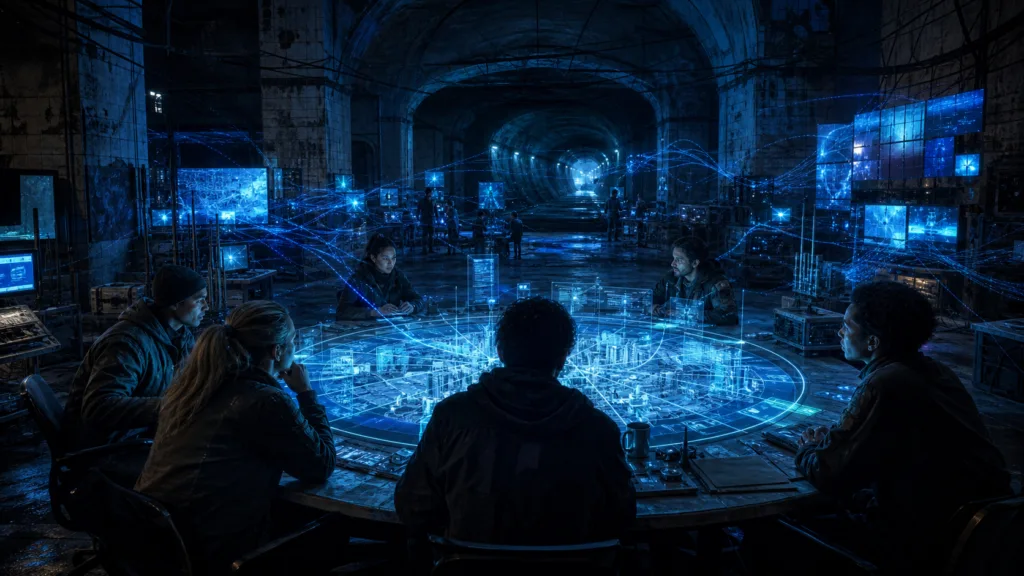 Underground resistance signal room with analysts around a circular table and blue data lines connecting screens.